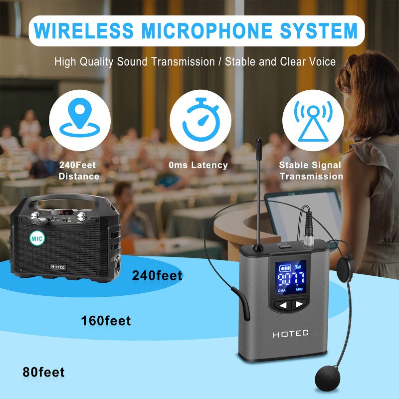 Hotec Wireless System with Dual Headset Microphones/Lavalier Lapel Mics and Bodypack Transmitters and One Mini Rechargeable Receiver 1/4" Output, for Live Performances - Image 3